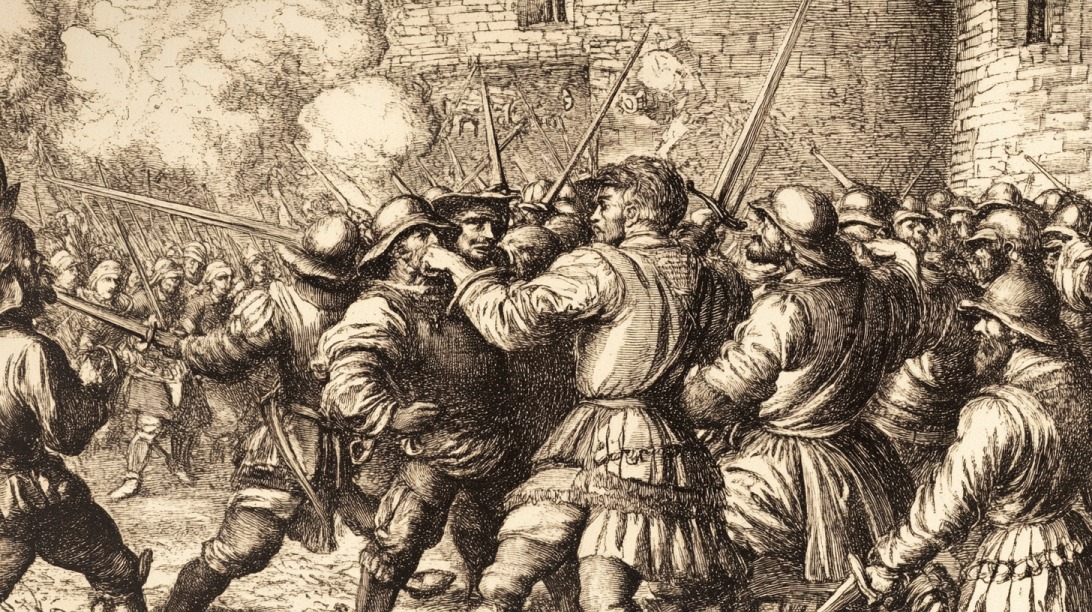 Gravure représentant un combat violent entre soldats armés d'épées et de mousquets devant les murs d'une forteresse