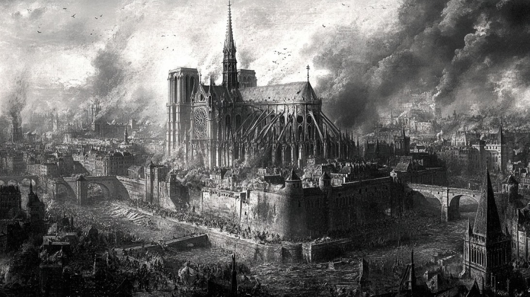 Gravure dramatique représentant la cathédrale Notre-Dame de Paris entourée d'une ville en flammes et de nuages de fumée